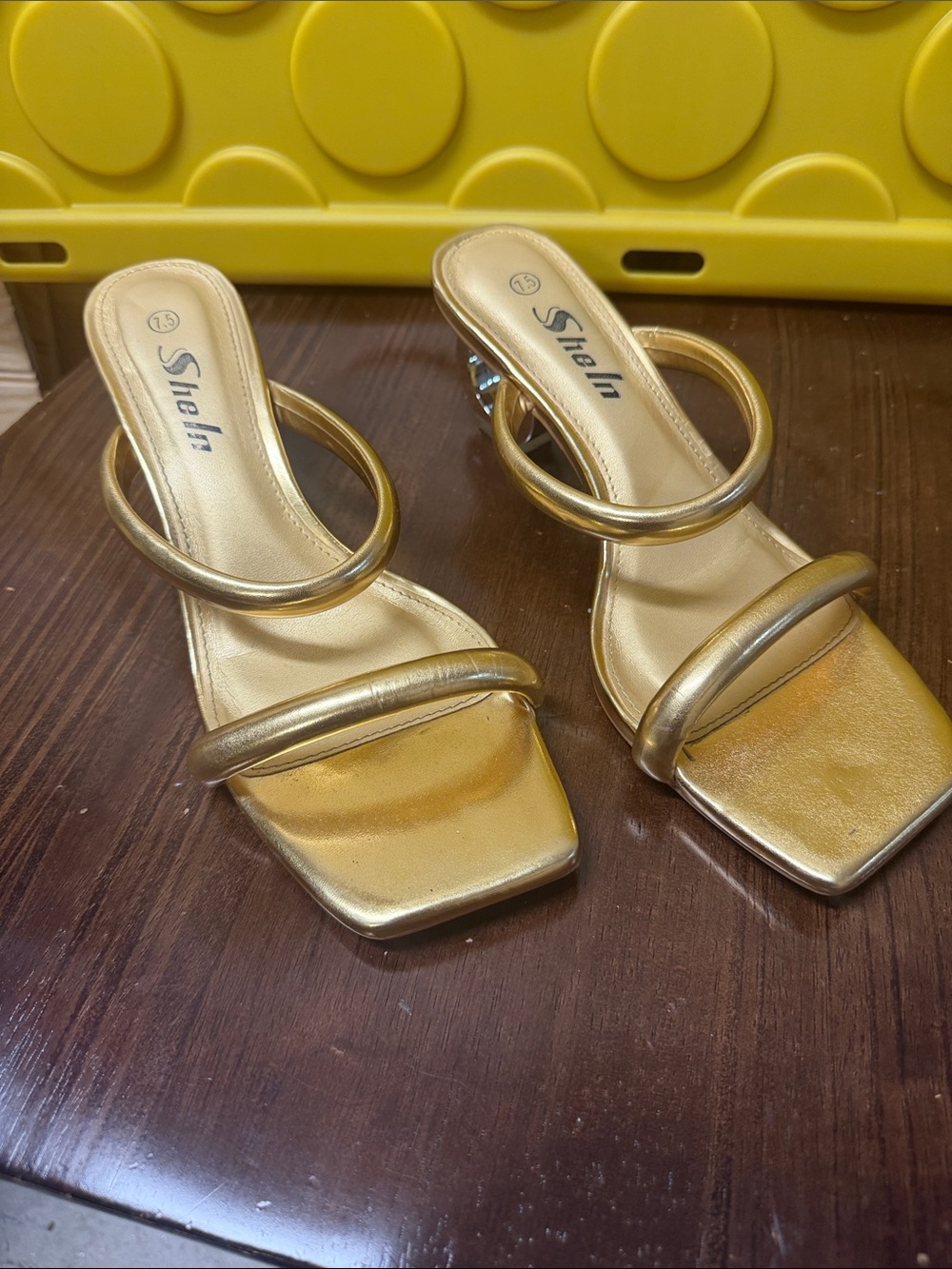 SHEIN Metallic Gold Double Strap Square Toe Block Heel Sandals